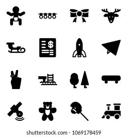 Solid vector icon set - baby vector, garland, bow, christmas deer, sleigh, account statement, rocket, paper fly, victory, pool, forest, skateboard, satellite, bear toy, horse stick, train