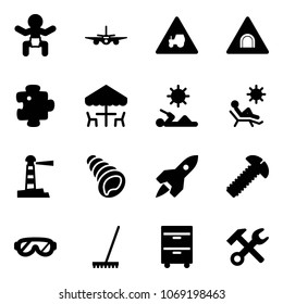 Solid vector icon set - baby vector, plane, tractor way road sign, tunnel, puzzle, outdoor cafe, reading, beach, lighthouse, shell, rocket, screw, protective glasses, rake, tool cabinet