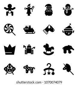 Solid vector icon set - baby vector, santa claus, snowman, lollipop, sleigh, dog, christmas elf, crown, robot, rocking horse, elephant wheel, ufo toy, carousel, unicorn stick