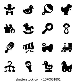 Solid vector icon set - baby vector, duck toy, beanbag, dinosaur, shovel bucket, rocking horse, xylophone, car, train, carousel