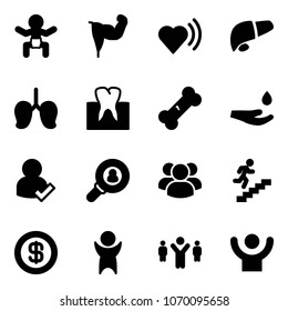 Solid vector icon set - baby vector, power hand, heart beat, liver, lungs, tooth, broken bone, drop, user check, head hunter, group, career, dollar, success, team leader
