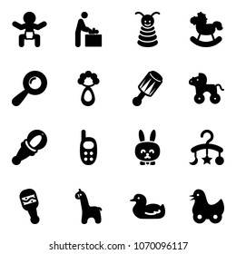 Solid vector icon set - baby vector, room, pyramid toy, rocking horse, beanbag, wheel, phone, rabbit, carousel, giraffe, duck