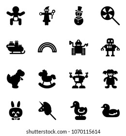 Solid vector icon set - baby vector, santa claus, snowman, lollipop, sleigh, rainbow, robot, dinosaur toy, rocking horse, doll, rabbit, unicorn stick, duck
