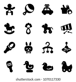 Solid vector icon set - baby vector, beanbag, car toy, shovel bucket, rocking horse, wheel, xylophone, rabbit, carousel, wirligig, duck