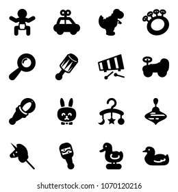 Solid vector icon set - baby vector, car toy, dinosaur, beanbag, xylophone, rabbit, carousel, wirligig, unicorn stick, duck