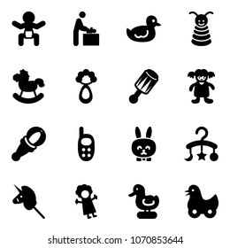 Solid vector icon set - baby vector, room, duck toy, pyramid, rocking horse, beanbag, doll, phone, rabbit, carousel, unicorn stick