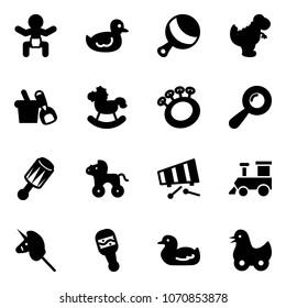 Solid vector icon set - baby vector, duck toy, beanbag, dinosaur, shovel bucket, rocking horse, wheel, xylophone, train, unicorn stick