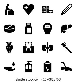 Solid vector icon set - baby room vector, heart, hospital building, thermometer, pill, pills bottle, mri, liver, tooth, kidneys, brush, drop hand, liquid soap, pulse clipboard, lawn mower