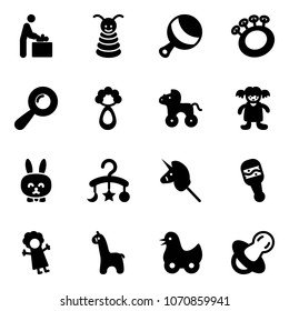 Solid vector icon set - baby room vector, pyramid toy, beanbag, wheel horse, doll, rabbit, carousel, unicorn stick, giraffe, duck, soother