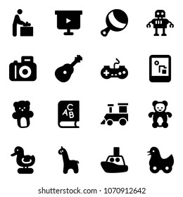 Solid vector icon set - baby room vector, presentation board, beanbag, robot, camera, guitar, gamepad, game console, bear toy, abc book, train, duck, giraffe, boat