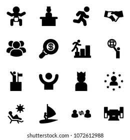 Solid vector icon set - baby vector, recieptionist, run, agreement, group, search money, career, world, win, success, king, star man, beach, windsurfing, information exchange, sharpening