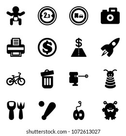 Solid vector icon set - baby vector, limited width road sign, no truck overtake, camera, printer, dollar, rocket, bike, trash bin, laser lever, pyramid toy, shovel fork, baseball bat, yoyo, monster
