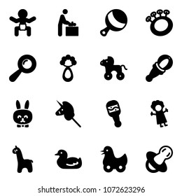 Solid vector icon set - baby vector, room, beanbag, wheel horse, toy rabbit, unicorn stick, doll, giraffe, duck, soother