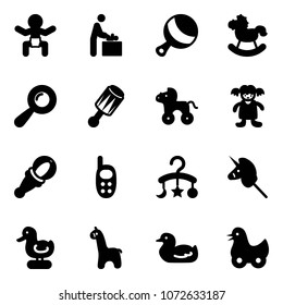 Solid vector icon set - baby vector, room, beanbag, rocking horse, wheel, doll, phone toy, carousel, unicorn stick, duck, giraffe