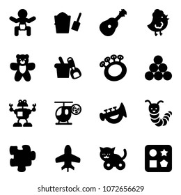 Solid vector icon set - baby vector, bucket scoop, guitar, chicken toy, bear, shovel, beanbag, billiards balls, robot, helicopter, horn, caterpillar, puzzle, plane, cat, cube hole