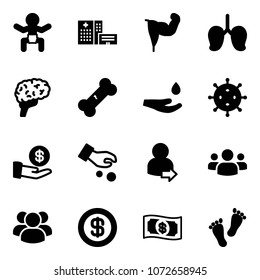 Solid vector icon set - baby vector, hospital building, power hand, lungs, brain, broken bone, drop, virus, investment, user login, group, dollar, money, feet