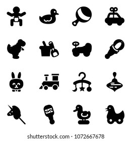 Solid vector icon set - baby vector, duck toy, beanbag, car, dinosaur, shovel bucket, rabbit, train, carousel, wirligig, unicorn stick