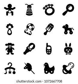 Solid vector icon set - baby vector, pyramid toy, beanbag, teethers, wheel horse, doll, phone, rabbit, carousel, unicorn stick, duck, soother