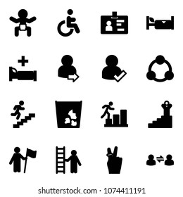 Solid vector icon set - baby vector, disabled, identity, hotel, hospital bed, user login, check, social, career, garbage, success, win, opportunity, victory, information exchange