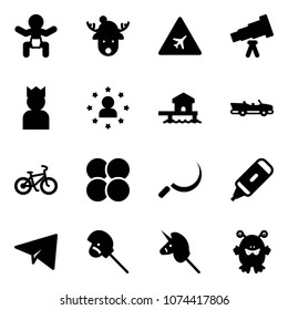 Solid vector icon set - baby vector, christmas deer hat, airport road sign, telescope, king, star man, bungalow, cabrio, bike, atom core, sickle, marker, paper plane, horse stick toy, unicorn