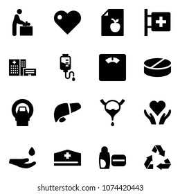 Solid vector icon set - baby room vector, heart, diet list, first aid, hospital building, drop counter, floor scales, pill, mri, liver, bladder, care, hand, doctor hat, uv cream, recycling