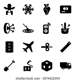 Solid vector icon set - baby vector, snowflake, heart, credit card, solution, fishing, music player, casting of steel, chip, plane, rolling, ruler, shovel, welding, cube toy, truck