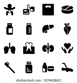 Solid vector icon set - baby vector, tonometer, floor scales, pill, pills bottle, vial, liver, heart, lungs, tooth, kidneys, care, brush, uv cream, lawn mower