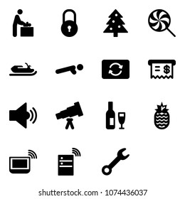Solid vector icon set - baby room vector, lock, christmas tree, lollipop, snowmobile, push ups, card exchange, receipt, volume medium, telescope, wine, pineapple, notebook wi fi, server wireless