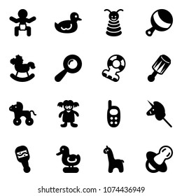 Solid vector icon set - baby vector, duck toy, pyramid, beanbag, rocking horse, teethers, wheel, doll, phone, unicorn stick, giraffe, soother