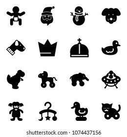 Solid vector icon set - baby vector, santa claus, snowman, dog, crown, duck toy, dinosaur, wheel horse, elephant, ufo, doll, carousel, cat