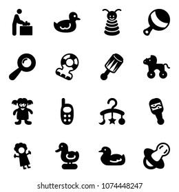 Solid vector icon set - baby room vector, duck toy, pyramid, beanbag, teethers, wheel horse, doll, phone, carousel, soother