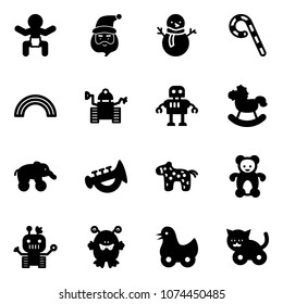 Solid vector icon set - baby vector, santa claus, snowman, lollipop, rainbow, robot, rocking horse, elephant wheel, horn toy, bear, monster, duck, cat