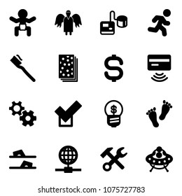 Solid vector icon set - baby vector, angel, tonometer, run, tooth brush, breads, dollar sign, tap pay, gear, check, business idea, feet, flip flops, globe, wrench hammer, ufo toy