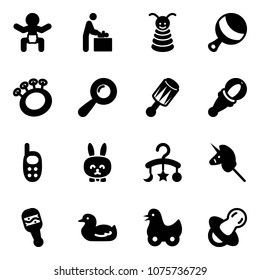 Solid vector icon set - baby vector, room, pyramid toy, beanbag, phone, rabbit, carousel, unicorn stick, duck, soother