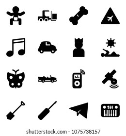 Solid vector icon set - baby vector, fork loader, broken bone, airport road sign, music, car, king, reading, butterfly, cabrio, player, satellite, shovel, awl, paper plane, toy piano