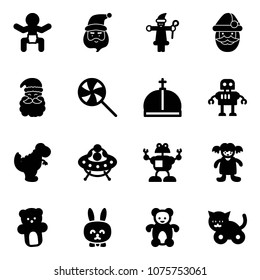Solid vector icon set - baby vector, santa claus, lollipop, crown, robot, dinosaur toy, ufo, doll, bear, rabbit, cat