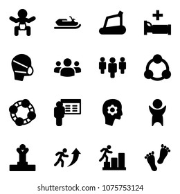 Solid vector icon set - baby vector, snowmobile, treadmill, hospital bed, medical mask, group, social, friends, presentation, brain work, success, winner, career, feet