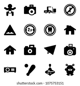Solid vector icon set - baby vector, camera, fork loader, no parkin odd, rough road sign, limited width, dangerous cargo, home, paper fly, projector, baseball bat, wirligig toy, monster