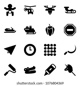 Solid vector icon set - baby vector, helicopter, christmas deer, sleigh, snowmobile, santa, sweet pepper, no way road sign, paper plane, clock, circuit, sickle, paint roller, crocodile, marker