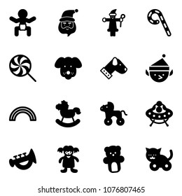 Solid vector icon set - baby vector, santa claus, lollipop, dog, christmas elf, rainbow, rocking horse, wheel, ufo toy, horn, doll, bear, cat