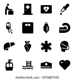 Solid vector icon set - baby room vector, first aid, kit, pipette, drop counter, floor scales, mri, liver, heart, ambulance star, medical mask, liquid soap, pool, doctor hat
