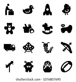 Solid vector icon set - baby room vector, duck toy, rocket, chicken, bear, shovel bucket, rocking horse, car, truck, ufo, caterpillar, bow, windmill, monster, russian doll, football