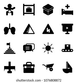 Solid vector icon set - baby vector, baggage room, gift, hospital bed, lungs, landslide road sign, presentation board, pyramid flag, dialog, sun, conveyor, milling cutter, tool box, wheelbarrow