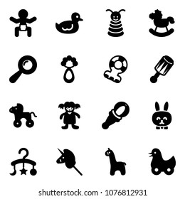 Solid vector icon set - baby vector, duck toy, pyramid, rocking horse, beanbag, teethers, wheel, doll, rabbit, carousel, unicorn stick, giraffe