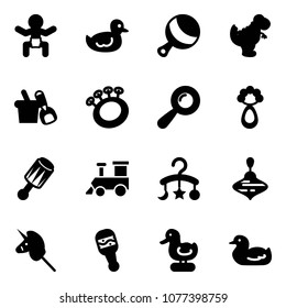 Solid vector icon set - baby vector, duck toy, beanbag, dinosaur, shovel bucket, train, carousel, wirligig, unicorn stick