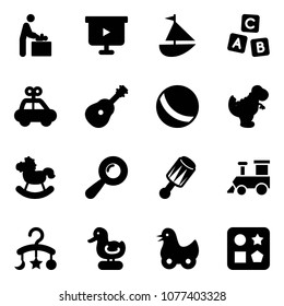 Solid vector icon set - baby room vector, presentation board, sailboat toy, abc cube, car, guitar, ball, dinosaur, rocking horse, beanbag, train, carousel, duck, hole