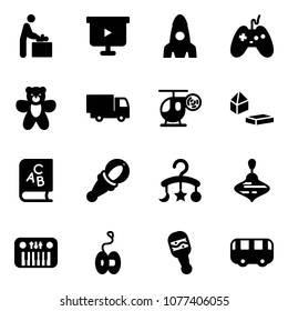 Solid vector icon set - baby room vector, presentation board, rocket, joystick, bear toy, truck, helicopter, constructor blocks, abc book, beanbag, carousel, wirligig, piano, yoyo, bus