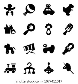 Solid vector icon set - baby vector, beanbag, car toy, dinosaur, shovel bucket, wheel horse, xylophone, train, carousel, wirligig, unicorn stick