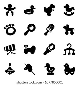 Solid vector icon set - baby vector, duck toy, dinosaur, rocking horse, beanbag, wheel, xylophone, car, carousel, wirligig, unicorn stick