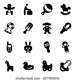 Solid vector icon set - baby vector, room, beanbag, rocking horse, teethers, doll, phone toy, rabbit, giraffe, duck, soother